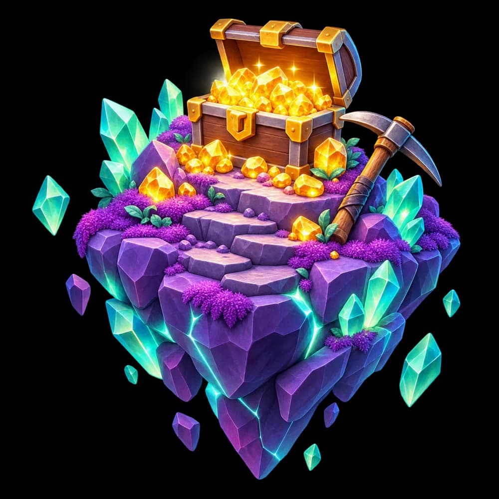 A floating purple crystal island with a golden treasure chest and mining pickaxe